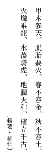 甲木参天。脱胎要火。春不容金。秋不容土。火熾乘龍。水蕩騎虎。地潤天和。植立千古。〔輯要・補註〕